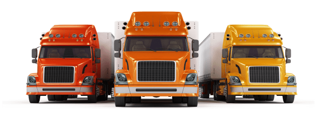 Three large transport trucks side by side