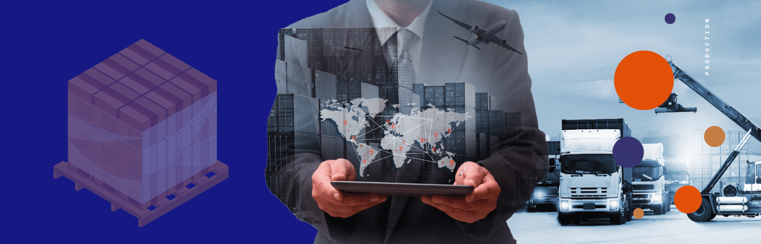 Logistics and supply chain management concept featuring a business professional holding a tablet with a global map overlay, connecting various transportation modes including trucks, airplanes, and cargo handling. A pallet of goods is shown on the left, symbolizing freight and shipping