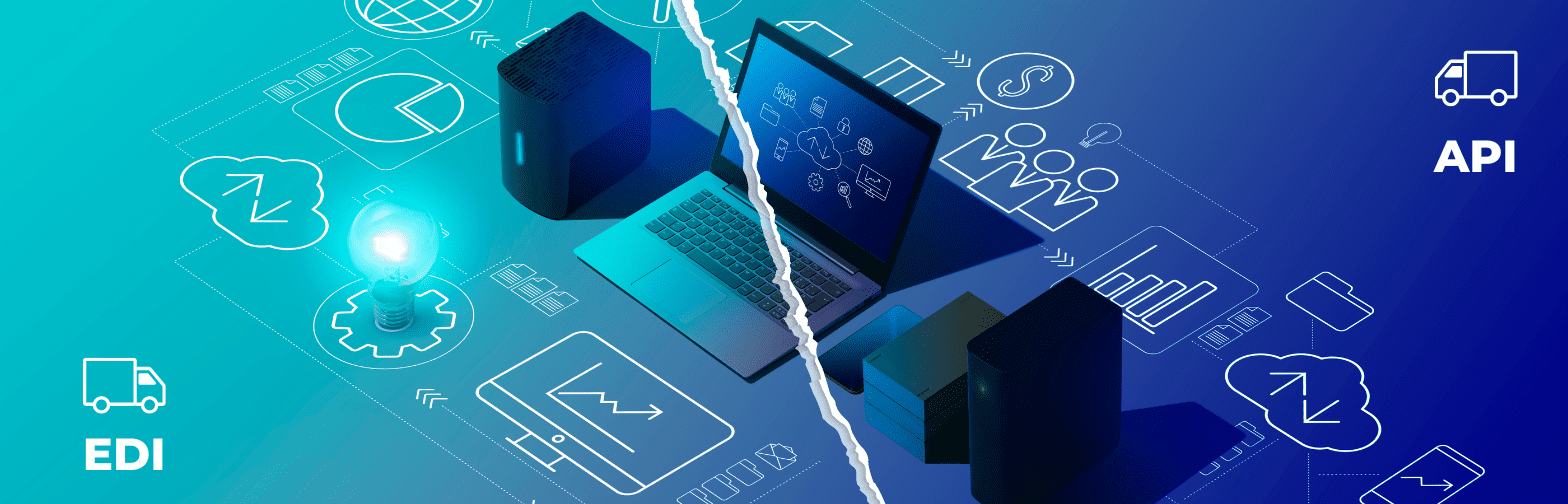 Comparison of Electronic Data Interchange (EDI) and Application Programming Interface (API) for logistics and transportation. Left side features EDI with icons for data flow and a light bulb, while the right side shows API with a laptop and server setup, highlighting integration and automation