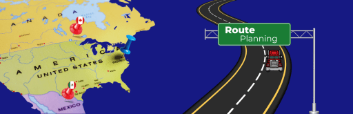 A map of North America with pushpins marking locations in Canada, the United States, and Mexico, alongside a winding road graphic with a sign reading "Route Planning" and a red semi-truck.