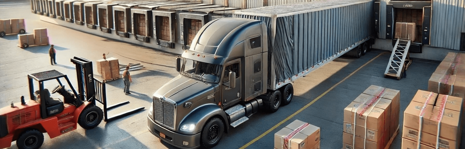 Full truckload (FTL) shipping with a semi-truck being loaded at a warehouse dock