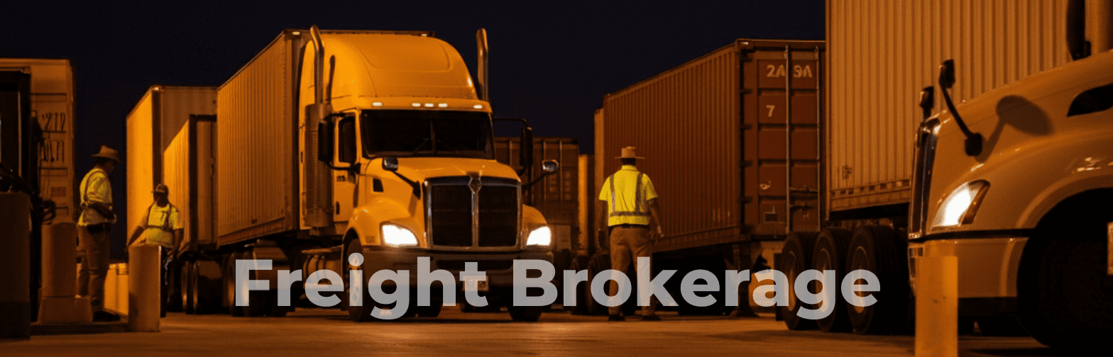 Freight brokerage facility with semi-trucks and workers at night, representing First Frontier Logistics' freight brokerage services.