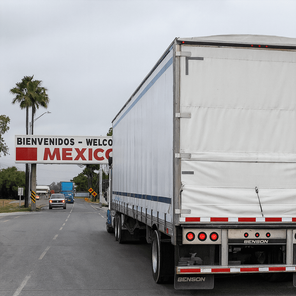 A white semi-truck with a covered trailer approaches the Mexico border crossing under a bilingual welcome sign for cross border freight transport.