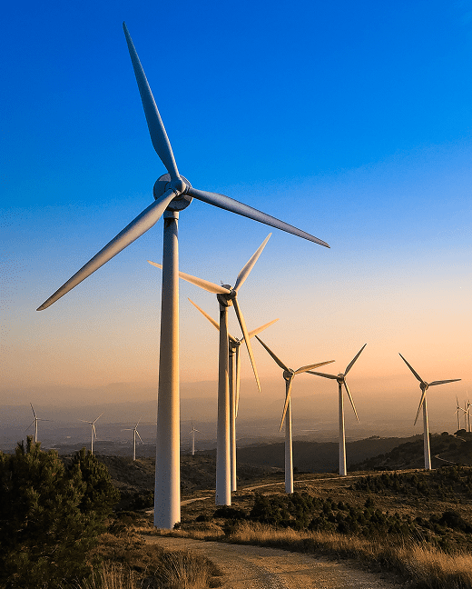 Wind turbines turning on a hill at sunset in the energy sector.
